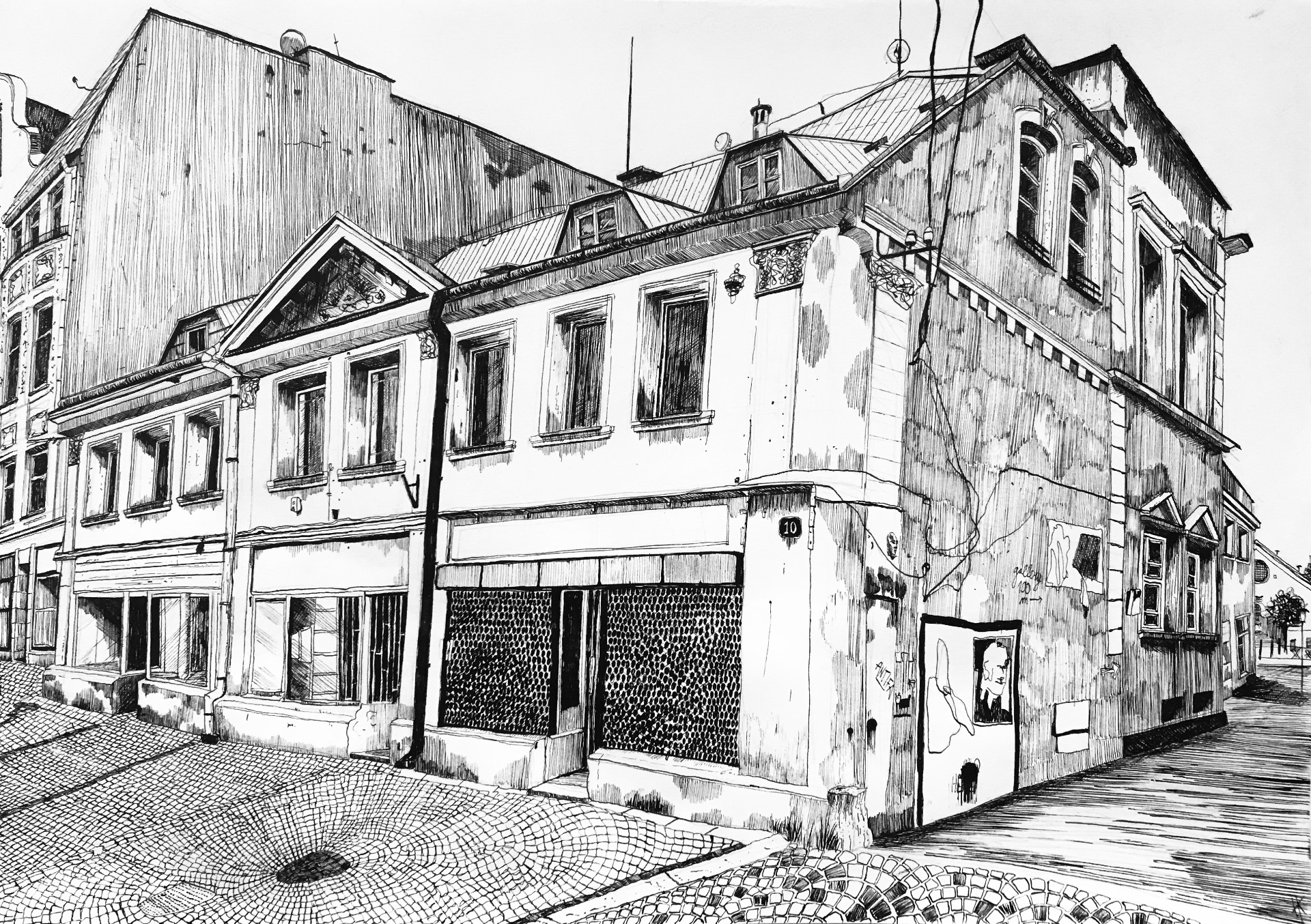 Dům Zeliských, perokresba, 29,7 x 42 cm.